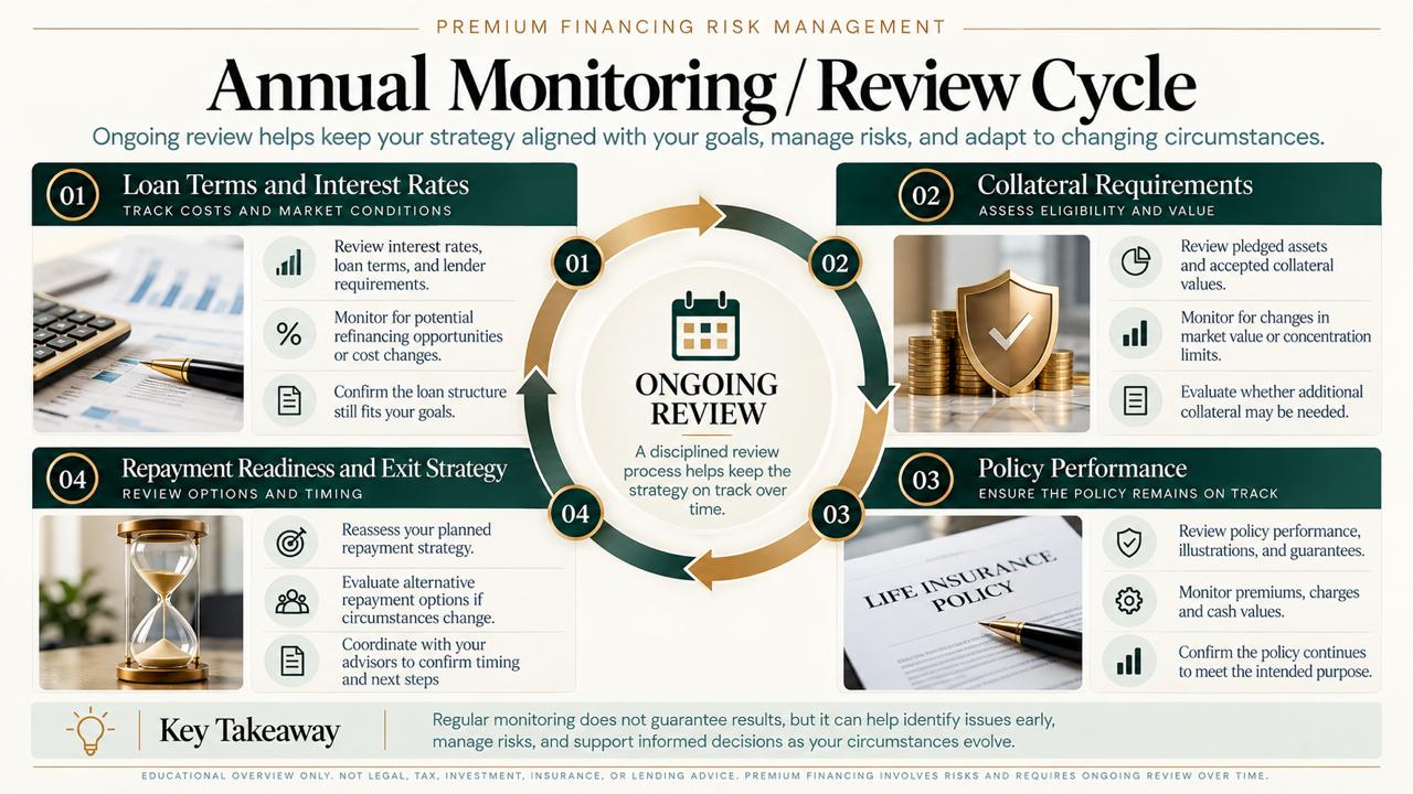 Circular ongoing-review diagram covering loan rates and terms, pledged collateral, insurance policy performance, and repayment or exit readiness.